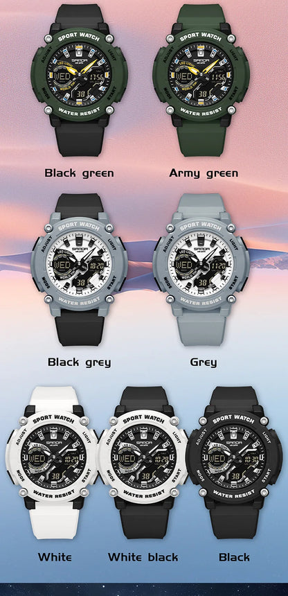 SANDA 3374 Dual Display Sports Student Watch Men's 5ATM Waterproof Night Light Seismic and Drop resistant Electronic Watch