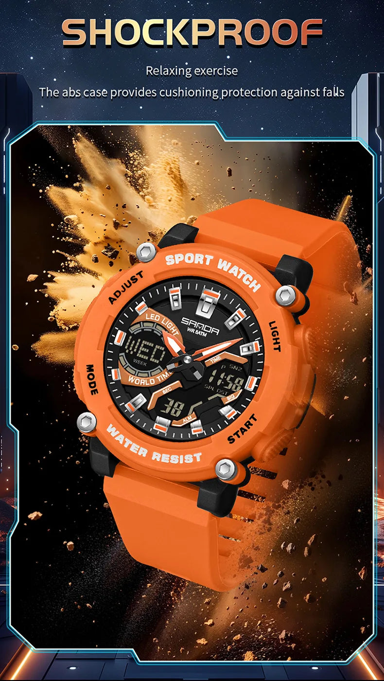 SANDA 3374 Dual Display Sports Student Watch Men's 5ATM Waterproof Night Light Seismic and Drop resistant Electronic Watch
