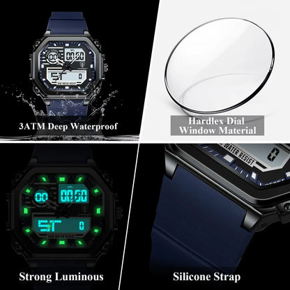 POEDAGAR Sports LED Men Watch Waterproof Luminous Week Date Square Man Wristwatch Silicone Strap Electronic Quartz Men's Watches