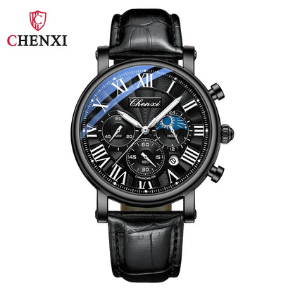 CHENXI 973 Multi-function Business Moon Phase Date Waterproof Rome Analog Imported Men Wristwatch Dial Quartz Leather Watches