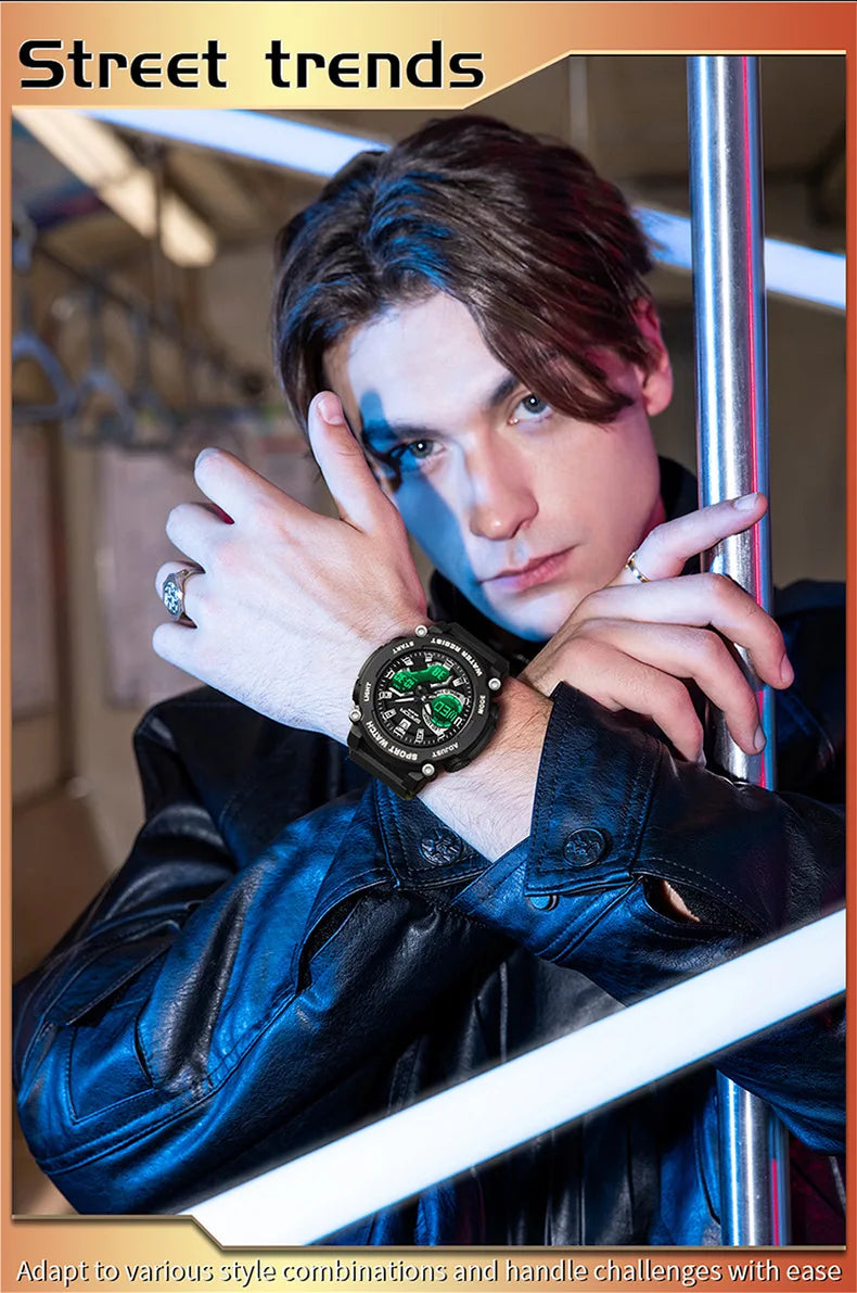 SANDA 3374 Dual Display Sports Student Watch Men's 5ATM Waterproof Night Light Seismic and Drop resistant Electronic Watch