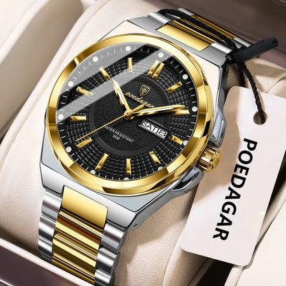 POEDAGAR Sport Original Men Clock Quartz Date Week Luxury Man Wristwatch Waterproof Luminous Stainless Steel Men's Watches Reloj