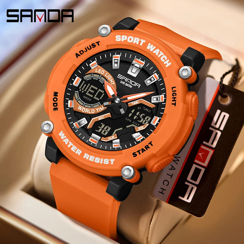 SANDA 3374 Dual Display Sports Student Watch Men's 5ATM Waterproof Night Light Seismic and Drop resistant Electronic Watch