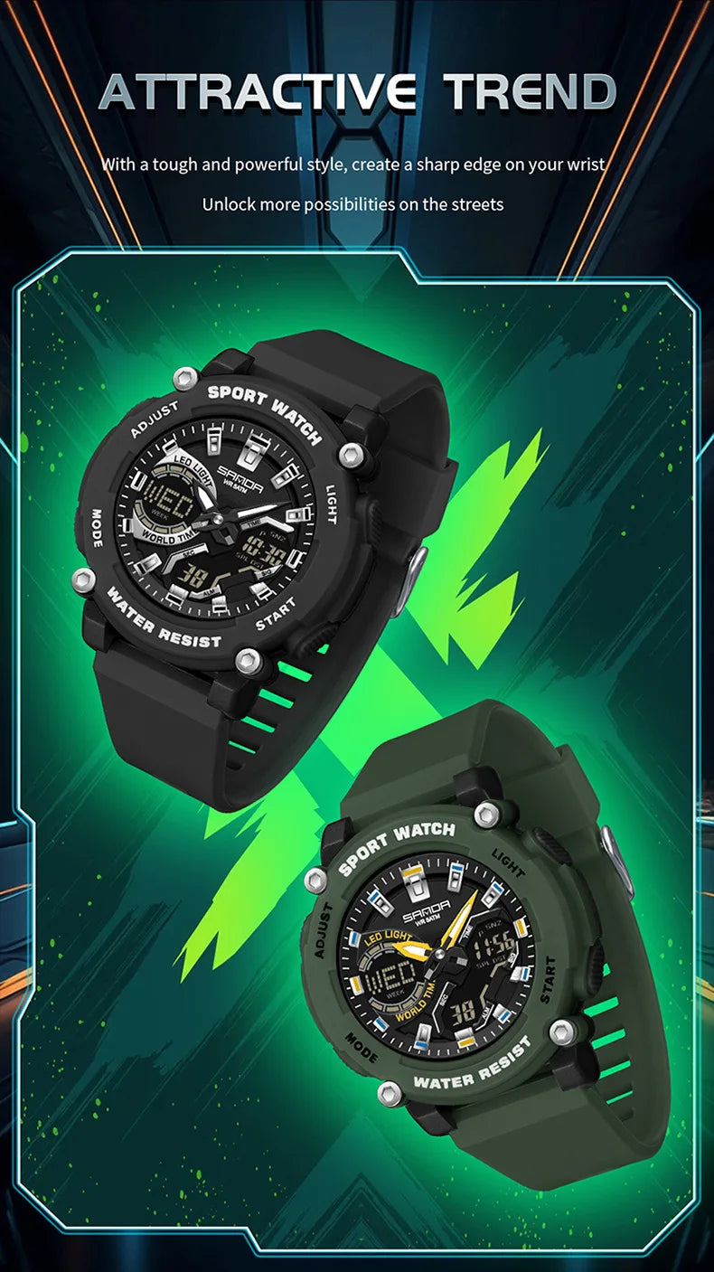 SANDA 3374 Dual Display Sports Student Watch Men's 5ATM Waterproof Night Light Seismic and Drop resistant Electronic Watch