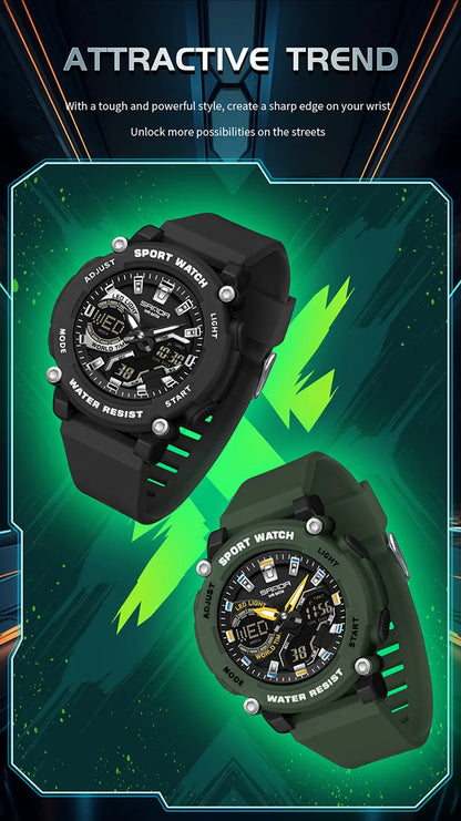SANDA 3374 Dual Display Sports Student Watch Men's 5ATM Waterproof Night Light Seismic and Drop resistant Electronic Watch