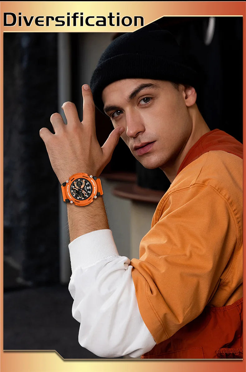 SANDA 3374 Dual Display Sports Student Watch Men's 5ATM Waterproof Night Light Seismic and Drop resistant Electronic Watch