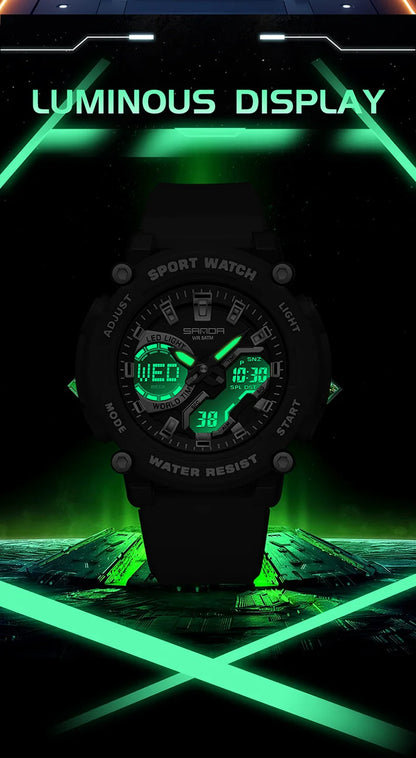 SANDA 3374 Dual Display Sports Student Watch Men's 5ATM Waterproof Night Light Seismic and Drop resistant Electronic Watch
