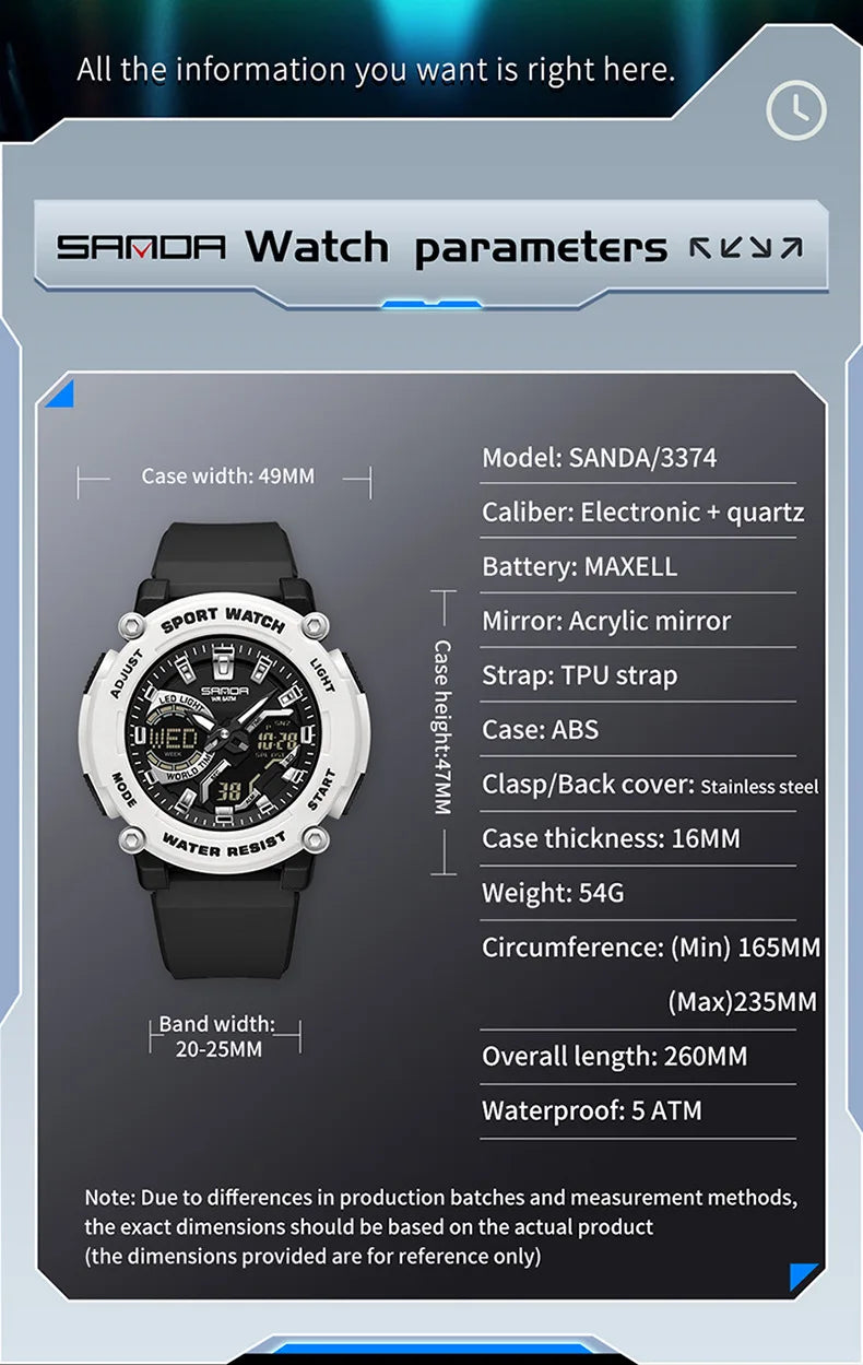 SANDA 3374 Dual Display Sports Student Watch Men's 5ATM Waterproof Night Light Seismic and Drop resistant Electronic Watch