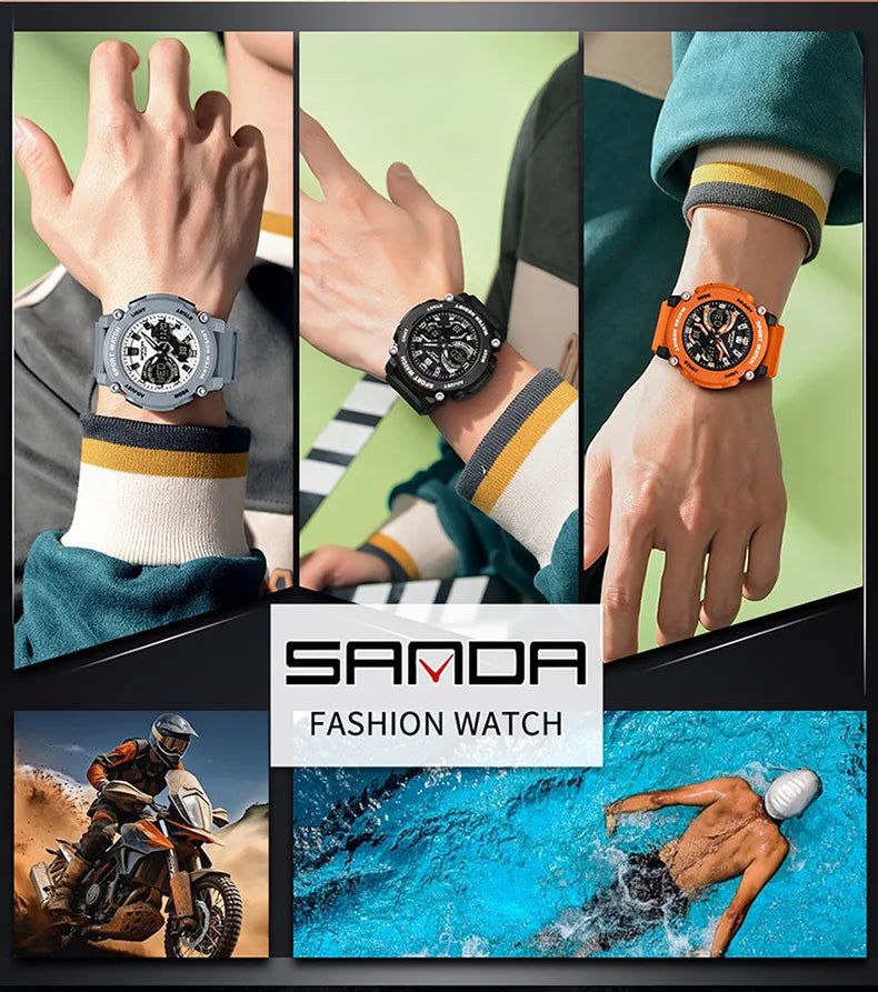 SANDA 3374 Dual Display Sports Student Watch Men's 5ATM Waterproof Night Light Seismic and Drop resistant Electronic Watch