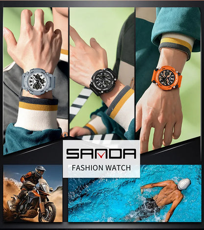 SANDA 3374 Dual Display Sports Student Watch Men's 5ATM Waterproof Night Light Seismic and Drop resistant Electronic Watch