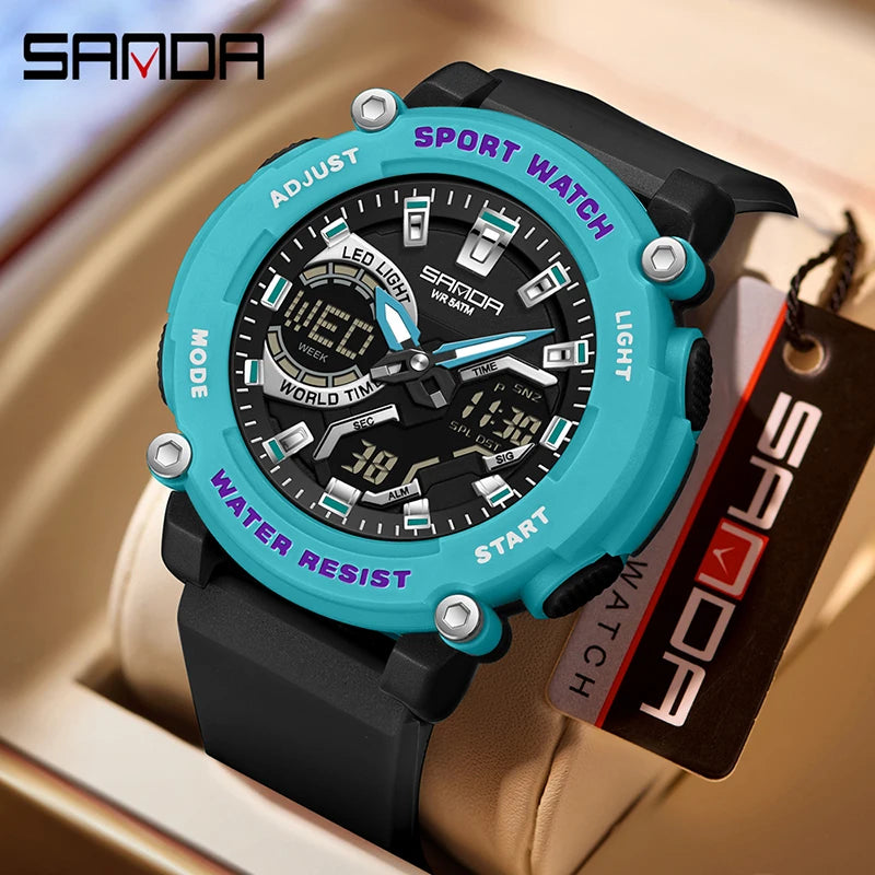 SANDA 3374 Dual Display Sports Student Watch Men's 5ATM Waterproof Night Light Seismic and Drop resistant Electronic Watch