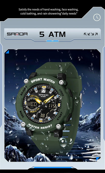 SANDA 3374 Dual Display Sports Student Watch Men's 5ATM Waterproof Night Light Seismic and Drop resistant Electronic Watch