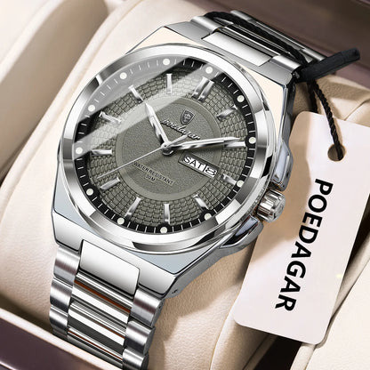 POEDAGAR Sport Original Men Clock Quartz Date Week Luxury Man Wristwatch Waterproof Luminous Stainless Steel Men's Watches Reloj