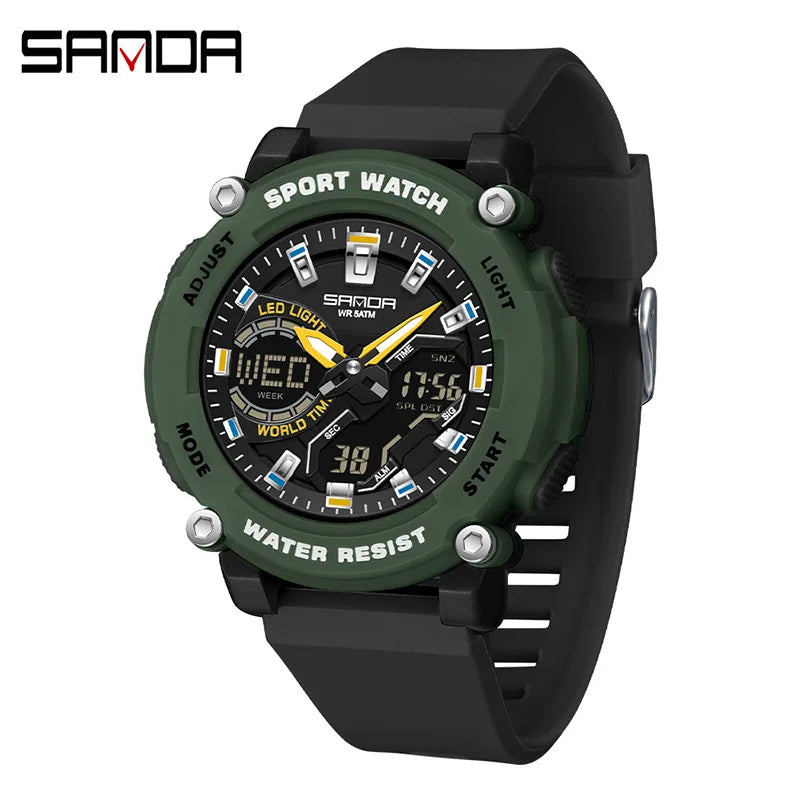 SANDA 3374 Dual Display Sports Student Watch Men's 5ATM Waterproof Night Light Seismic and Drop resistant Electronic Watch