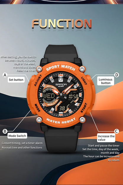 SANDA 3374 Dual Display Sports Student Watch Men's 5ATM Waterproof Night Light Seismic and Drop resistant Electronic Watch