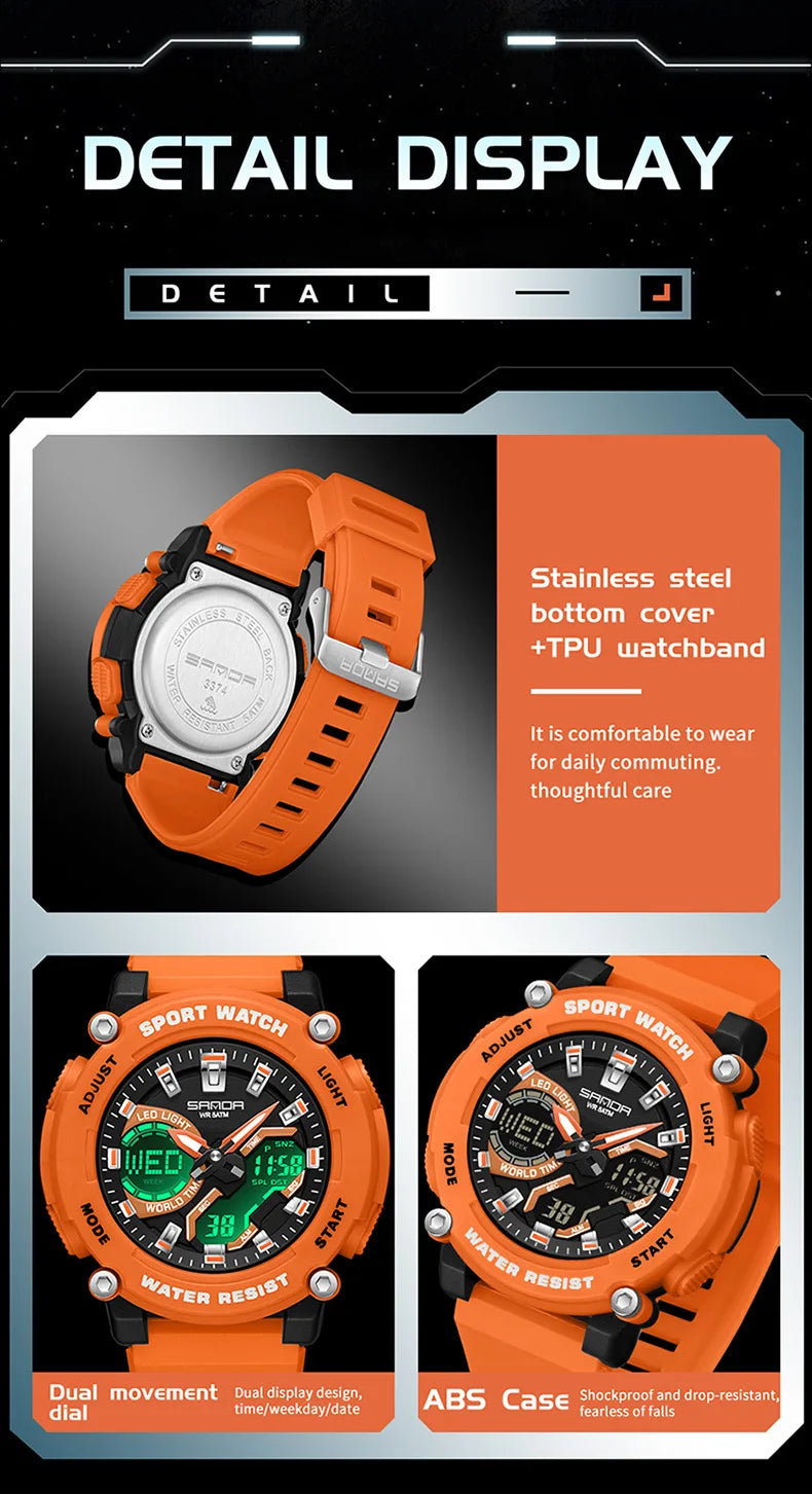 SANDA 3374 Dual Display Sports Student Watch Men's 5ATM Waterproof Night Light Seismic and Drop resistant Electronic Watch