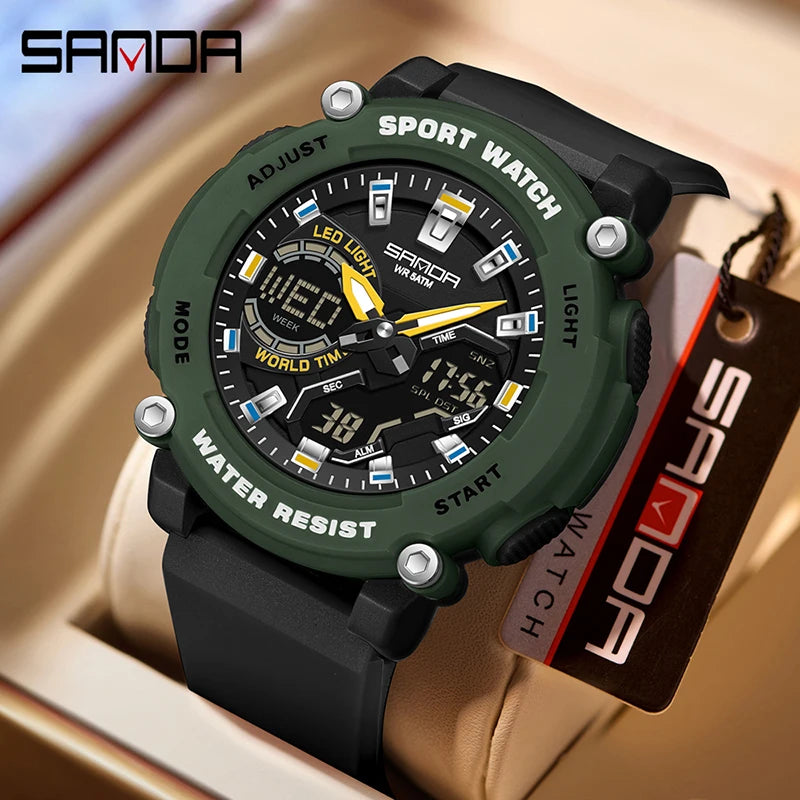 SANDA 3374 Dual Display Sports Student Watch Men's 5ATM Waterproof Night Light Seismic and Drop resistant Electronic Watch