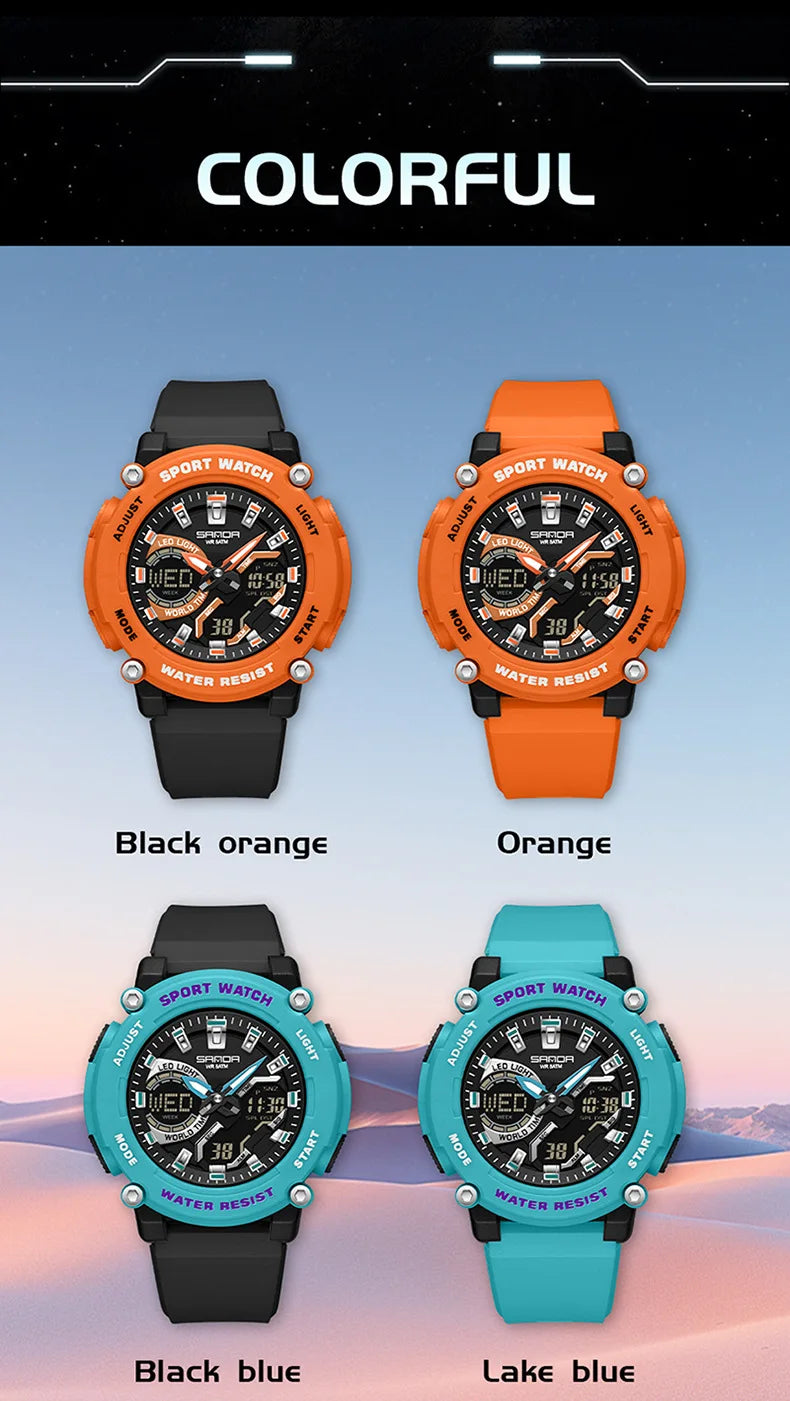 SANDA 3374 Dual Display Sports Student Watch Men's 5ATM Waterproof Night Light Seismic and Drop resistant Electronic Watch