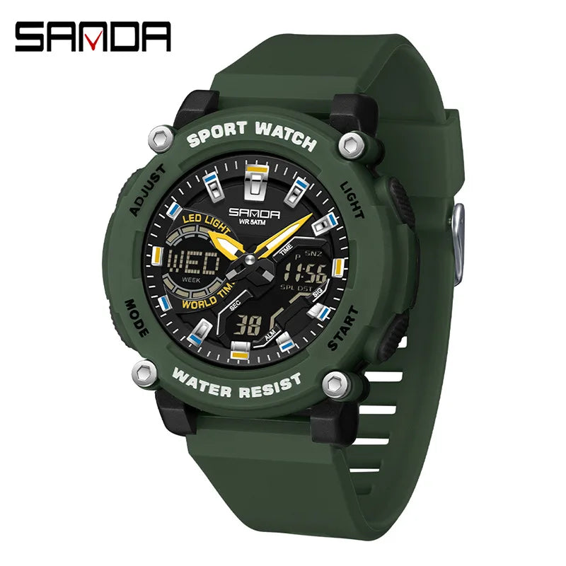 SANDA 3374 Dual Display Sports Student Watch Men's 5ATM Waterproof Night Light Seismic and Drop resistant Electronic Watch