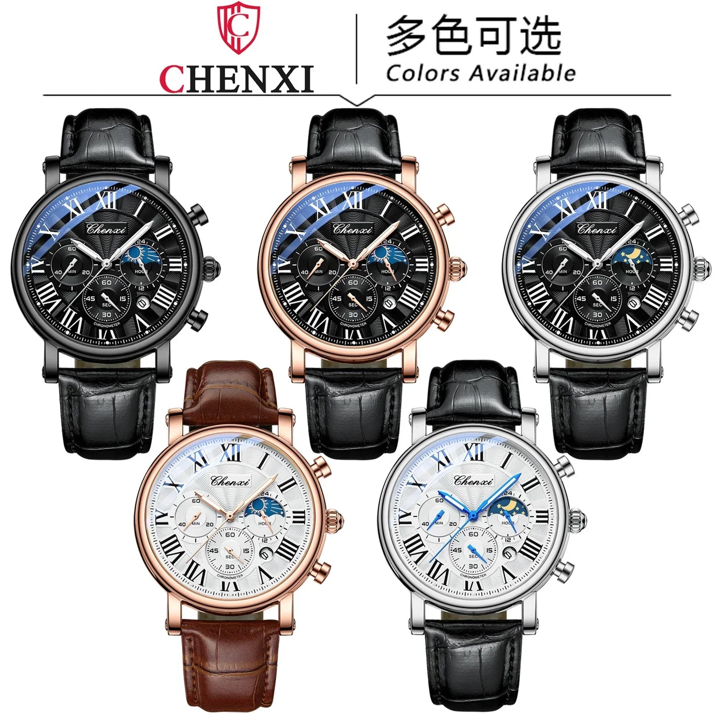 CHENXI 973 Multi-function Business Moon Phase Date Waterproof Rome Analog Imported Men Wristwatch Dial Quartz Leather Watches