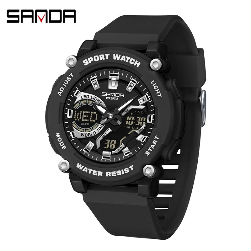 SANDA 3374 Dual Display Sports Student Watch Men's 5ATM Waterproof Night Light Seismic and Drop resistant Electronic Watch