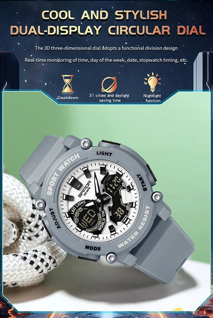 SANDA 3374 Dual Display Sports Student Watch Men's 5ATM Waterproof Night Light Seismic and Drop resistant Electronic Watch