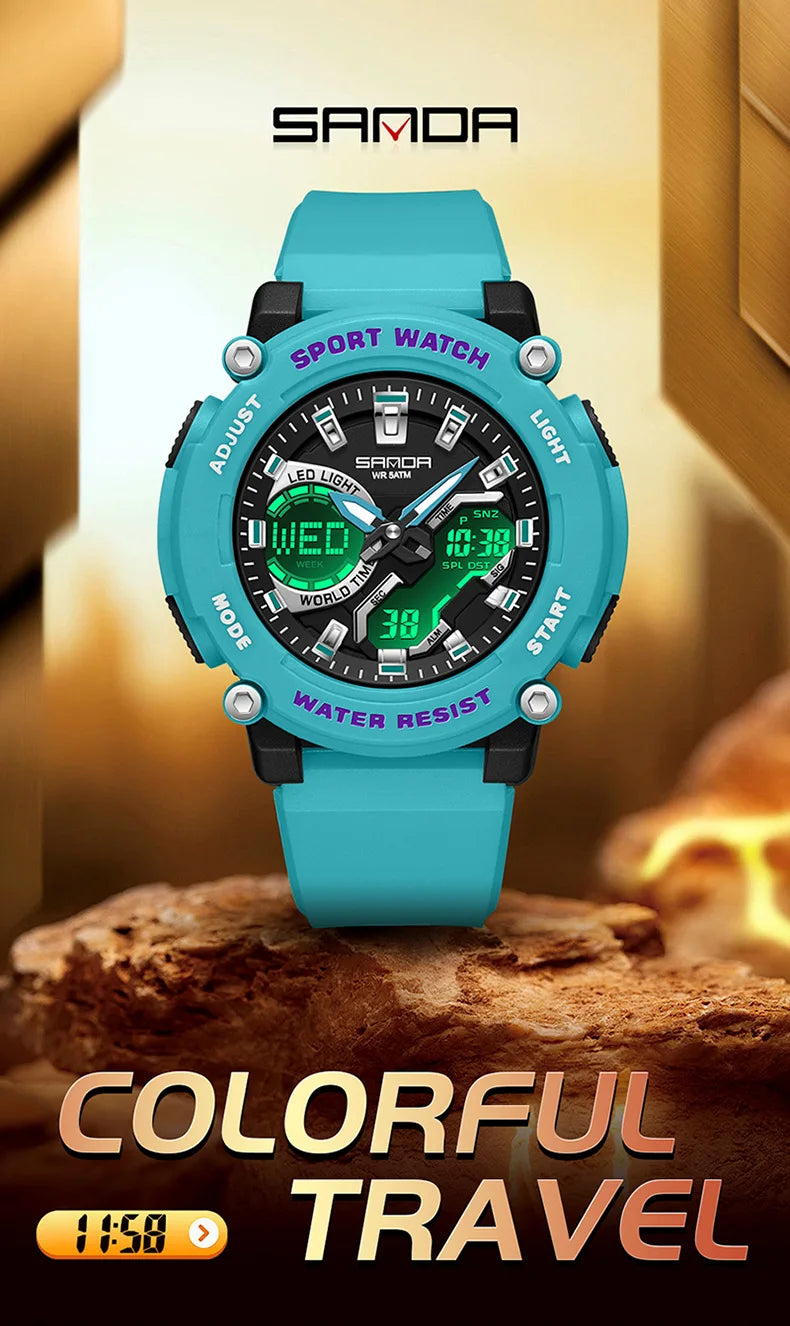 SANDA 3374 Dual Display Sports Student Watch Men's 5ATM Waterproof Night Light Seismic and Drop resistant Electronic Watch