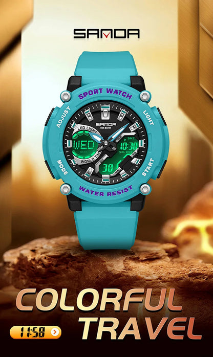 SANDA 3374 Dual Display Sports Student Watch Men's 5ATM Waterproof Night Light Seismic and Drop resistant Electronic Watch
