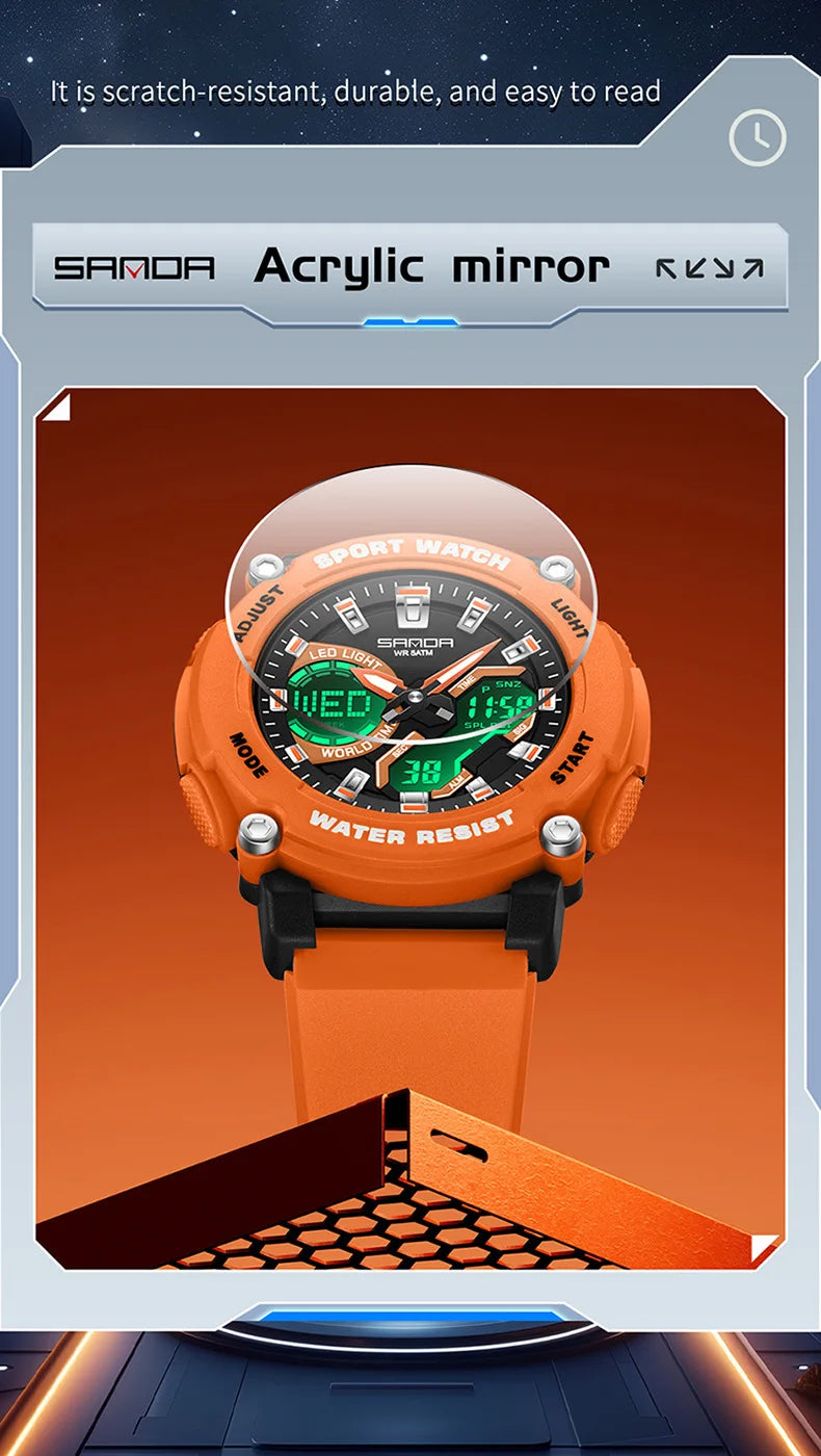 SANDA 3374 Dual Display Sports Student Watch Men's 5ATM Waterproof Night Light Seismic and Drop resistant Electronic Watch
