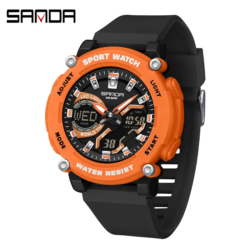 SANDA 3374 Dual Display Sports Student Watch Men's 5ATM Waterproof Night Light Seismic and Drop resistant Electronic Watch