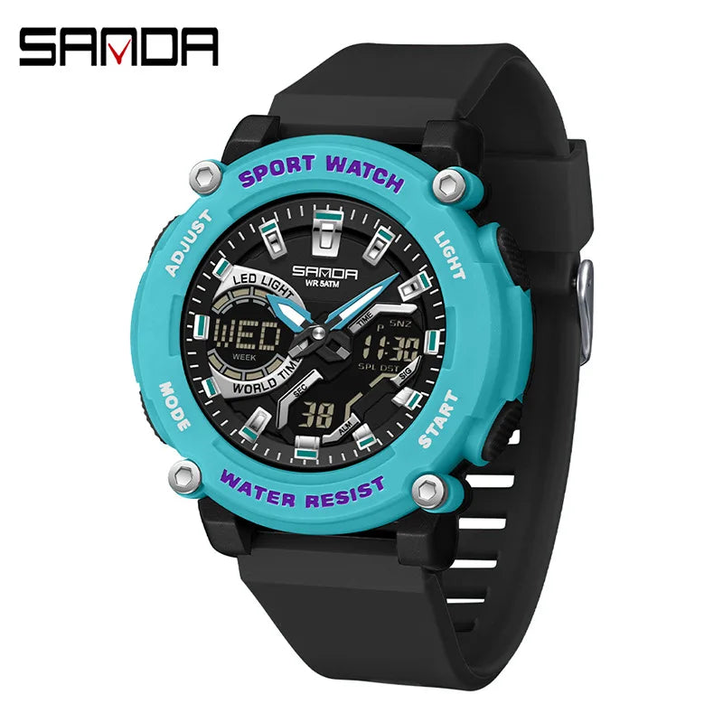 SANDA 3374 Dual Display Sports Student Watch Men's 5ATM Waterproof Night Light Seismic and Drop resistant Electronic Watch